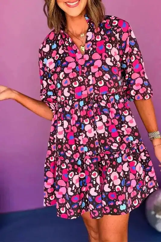 Rose Abstract Short Dress - V Neck Collared Half Sleeve - Fashionfitz