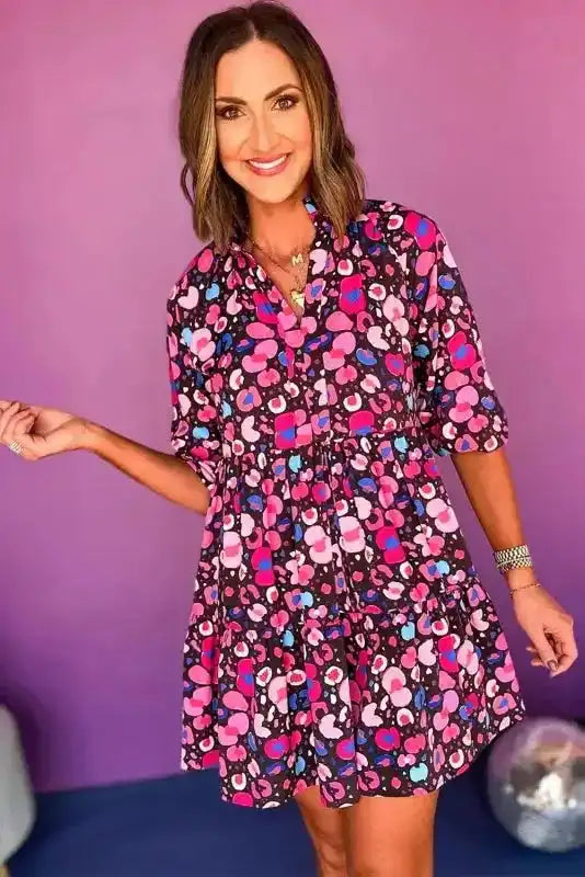 Rose Abstract Short Dress - V Neck Collared Half Sleeve - Fashionfitz