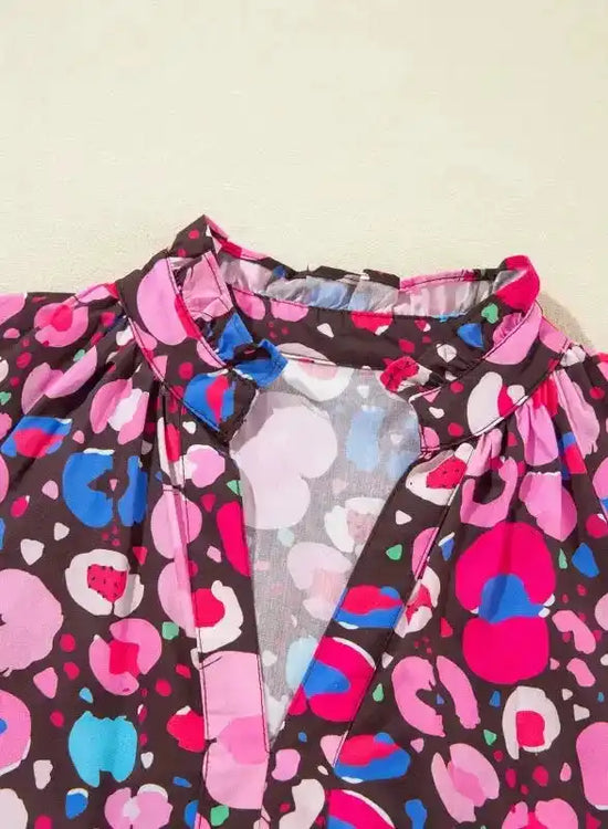 Rose Abstract Short Dress - V Neck Collared Half Sleeve - Fashionfitz