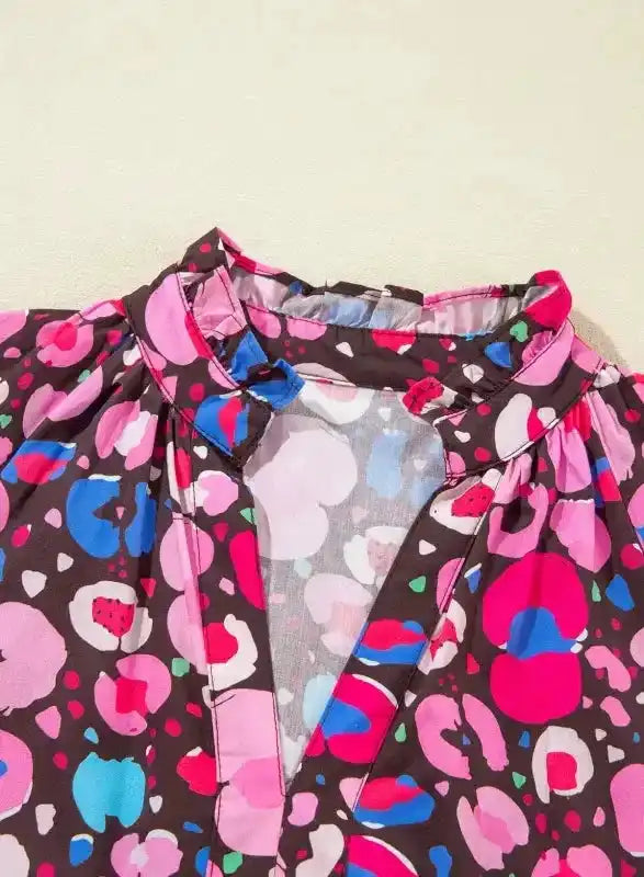 Rose Abstract Short Dress - V Neck Collared Half Sleeve - Fashionfitz