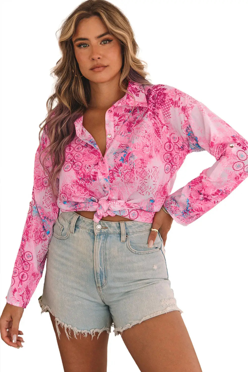 Rose baroque floral roll-tab sleeve shirt - blouses & shirts