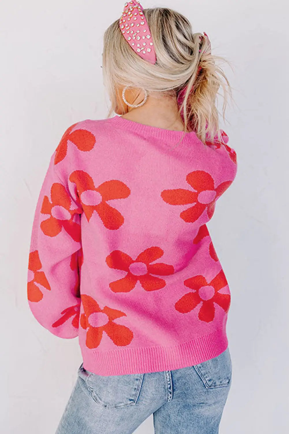 Rose big flower knit ribbed trim sweater - tops