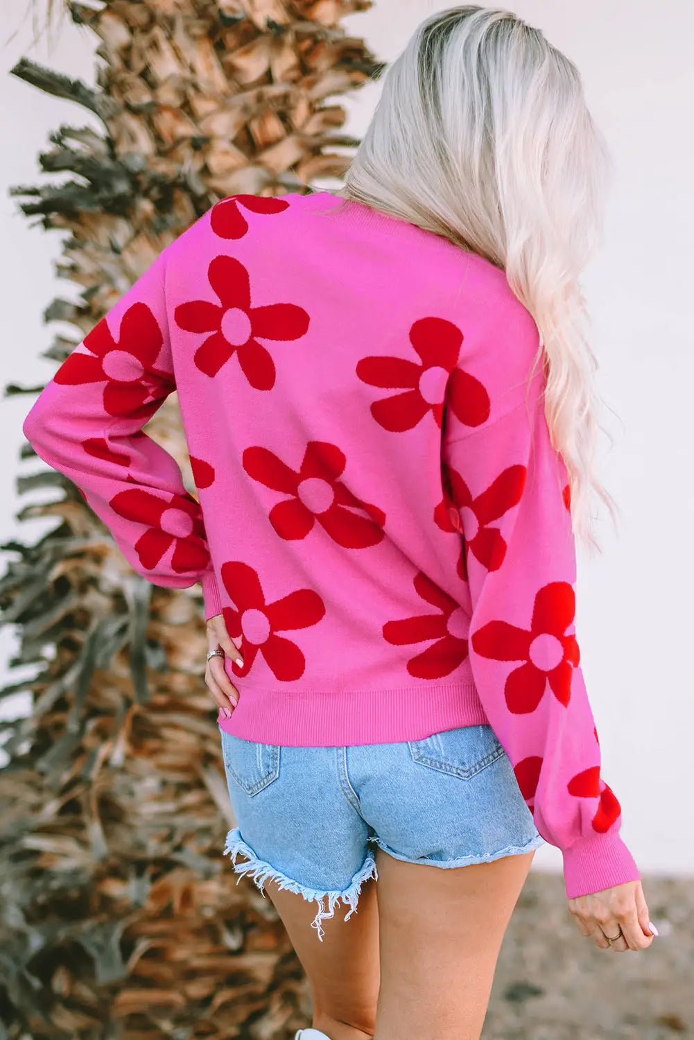 Rose big flower knit ribbed trim sweater - tops