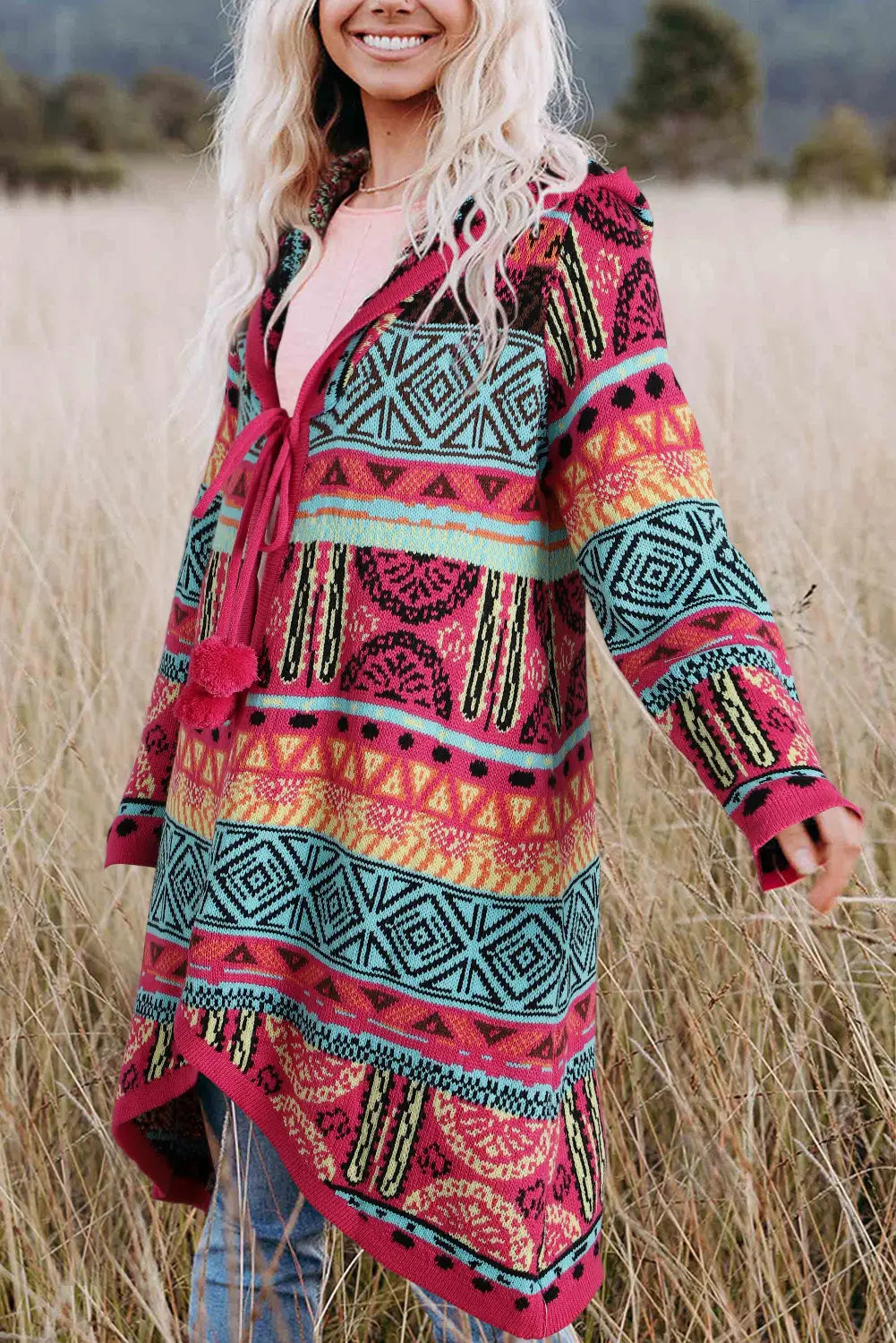 Rose boho aztec knitted pom tie hooded cardigan - s / 100% acrylic - sweaters & cardigans