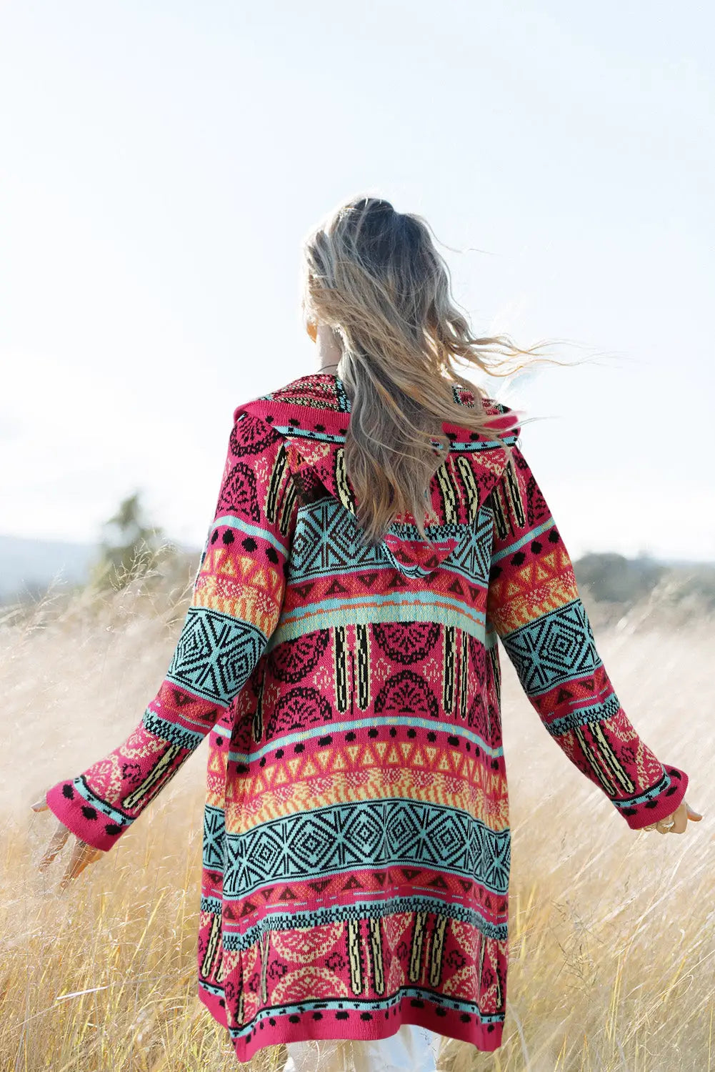 Rose boho aztec knitted pom tie hooded cardigan - sweaters & cardigans