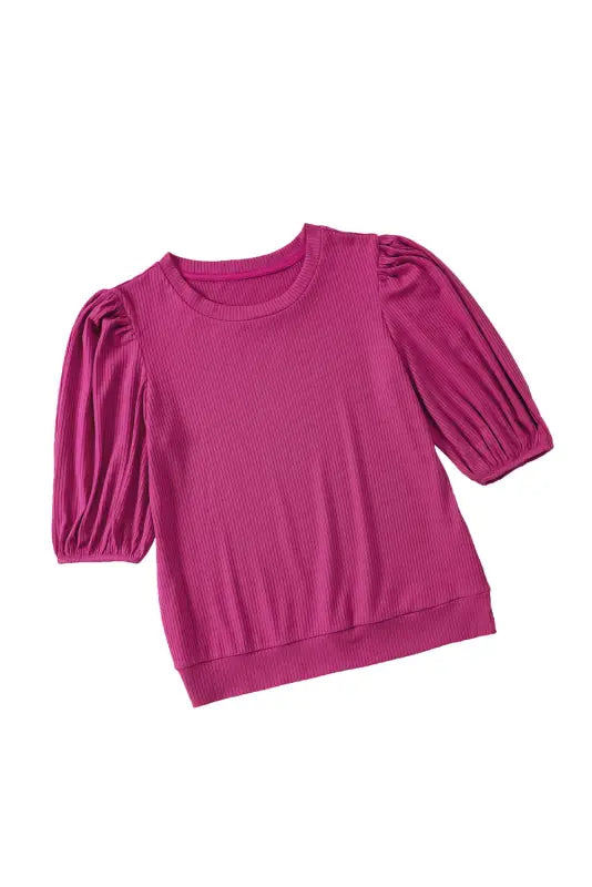 Rose bubble half sleeves ribbed knit top - t-shirts