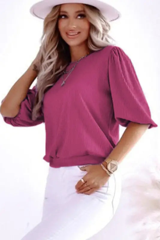 Rose bubble half sleeves ribbed knit top - t-shirts