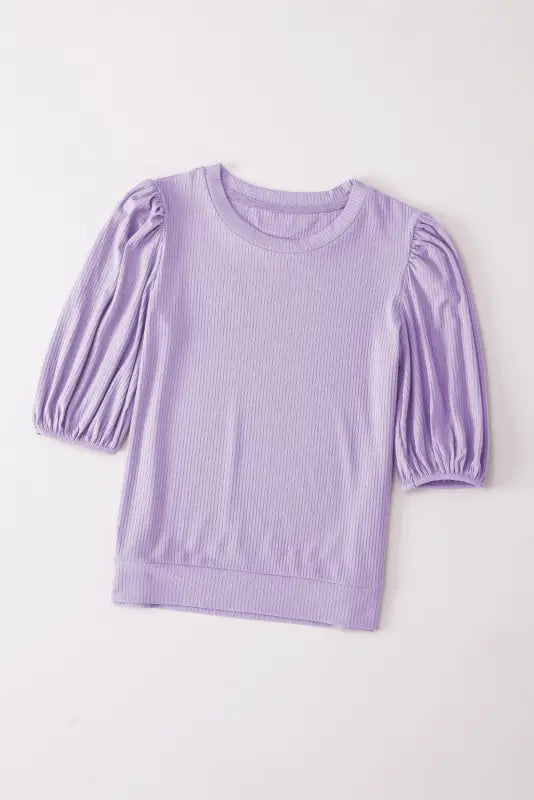 Rose bubble half sleeves ribbed knit top - t-shirts