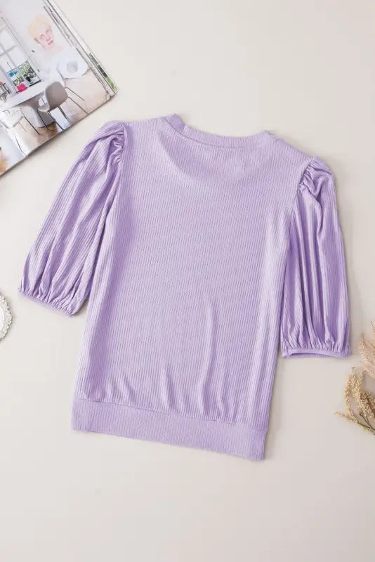 Rose bubble half sleeves ribbed knit top - t-shirts