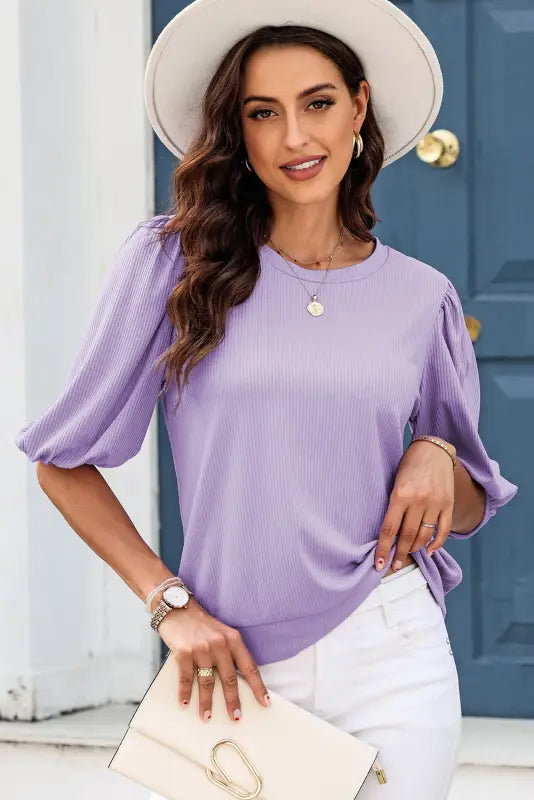 Rose bubble half sleeves ribbed knit top - purple / s / 65% polyester + 25% viscose + 10% elastane - t-shirts