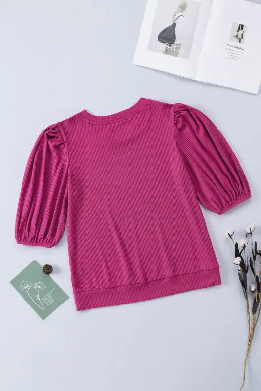 Rose bubble half sleeves ribbed knit top - t-shirts