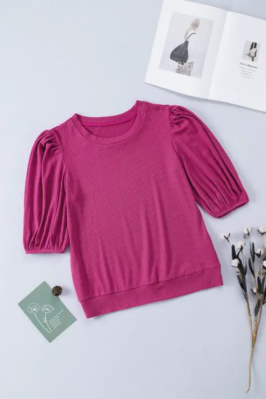 Rose bubble half sleeves ribbed knit top - t-shirts