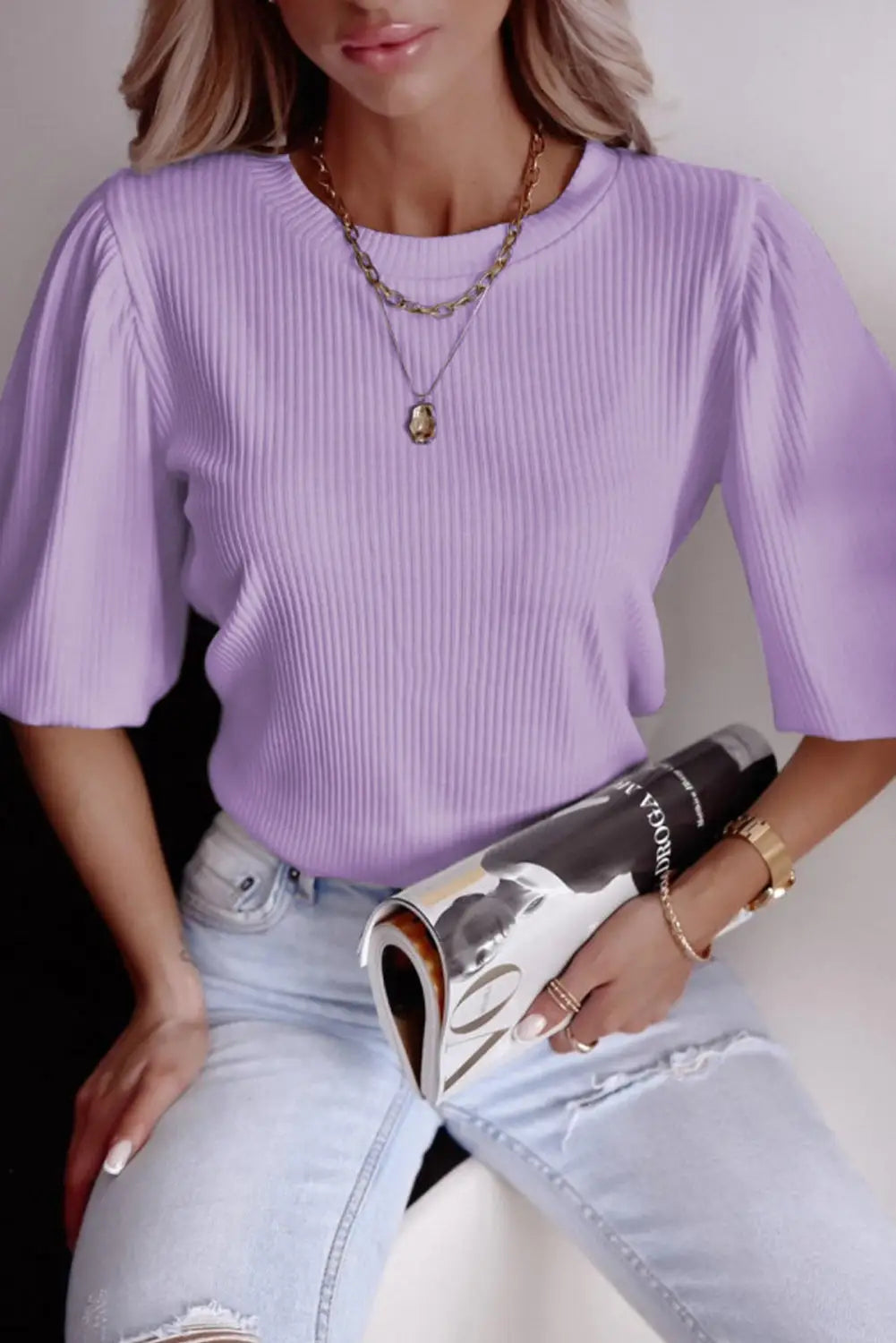 Rose bubble half sleeves ribbed knit top - t-shirts