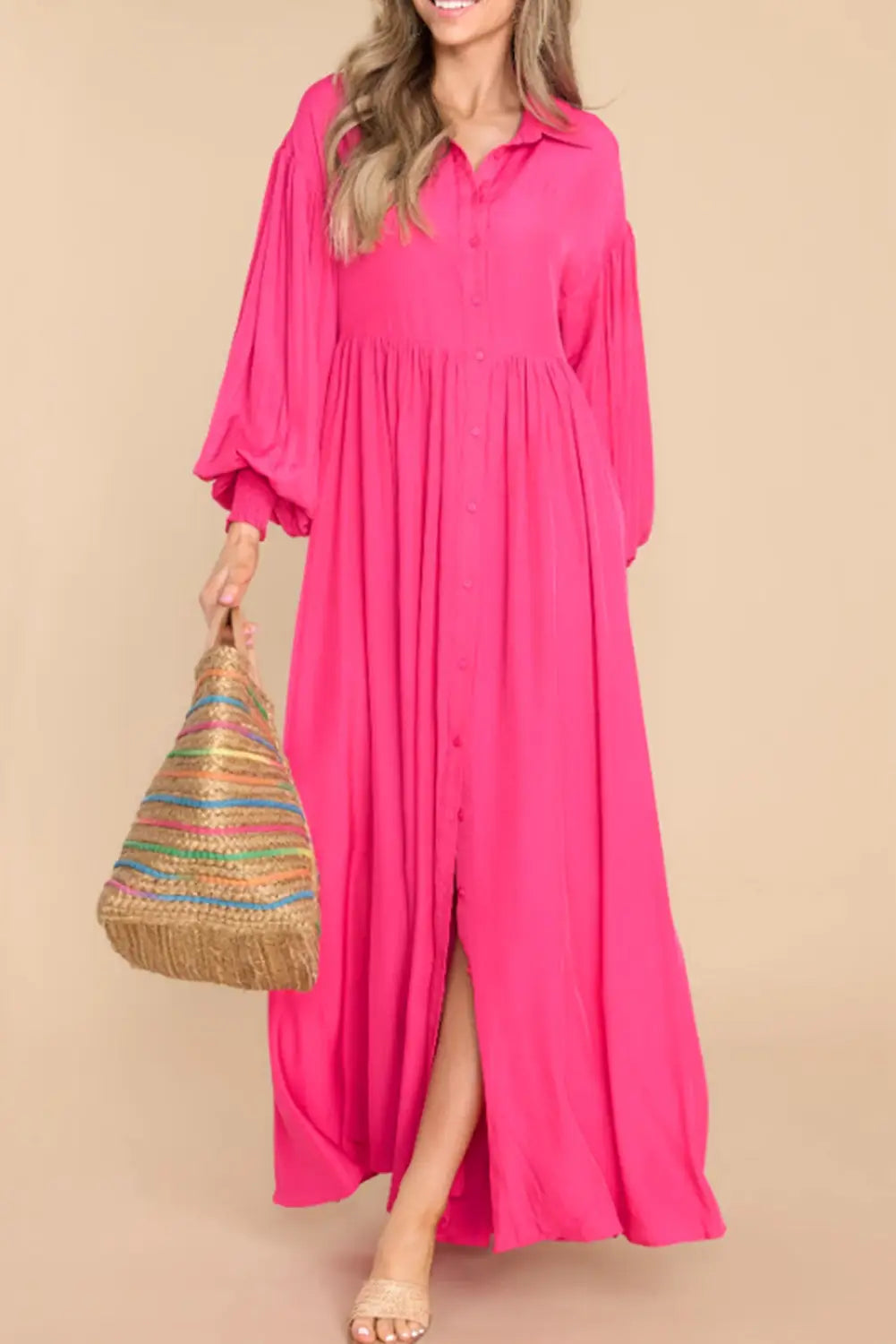 Rose bubble sleeve shirt maxi dress - s / 100% polyester - dresses
