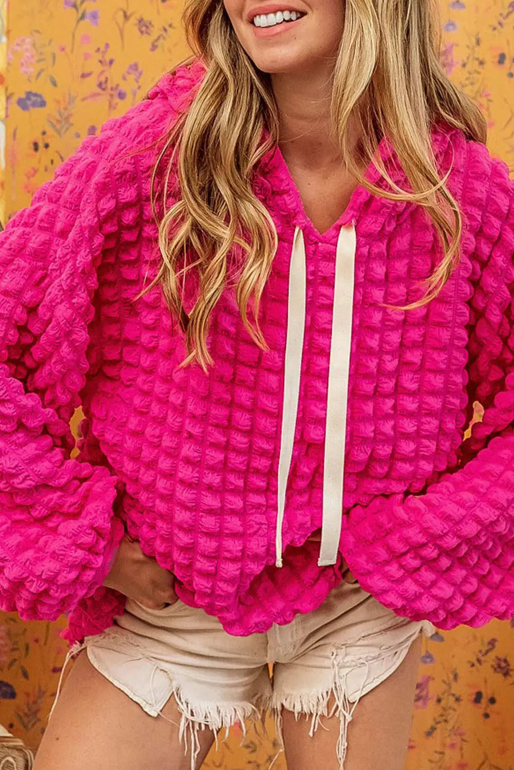 Rose bubble textured waffle hoodie - s / 95% polyester + 5% elastane - tops
