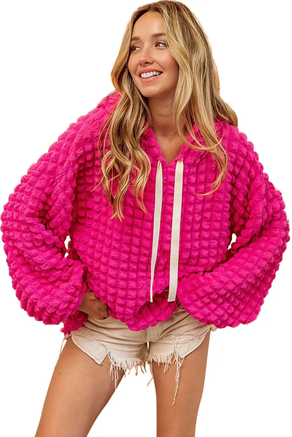 Rose bubble textured waffle hoodie - tops