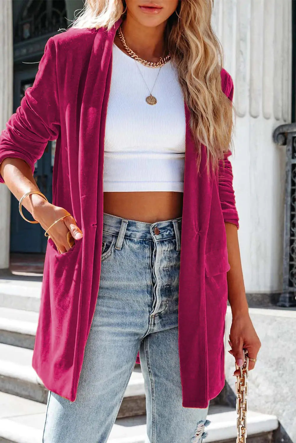 Rose casual pocketed velvet blazer - outerwear