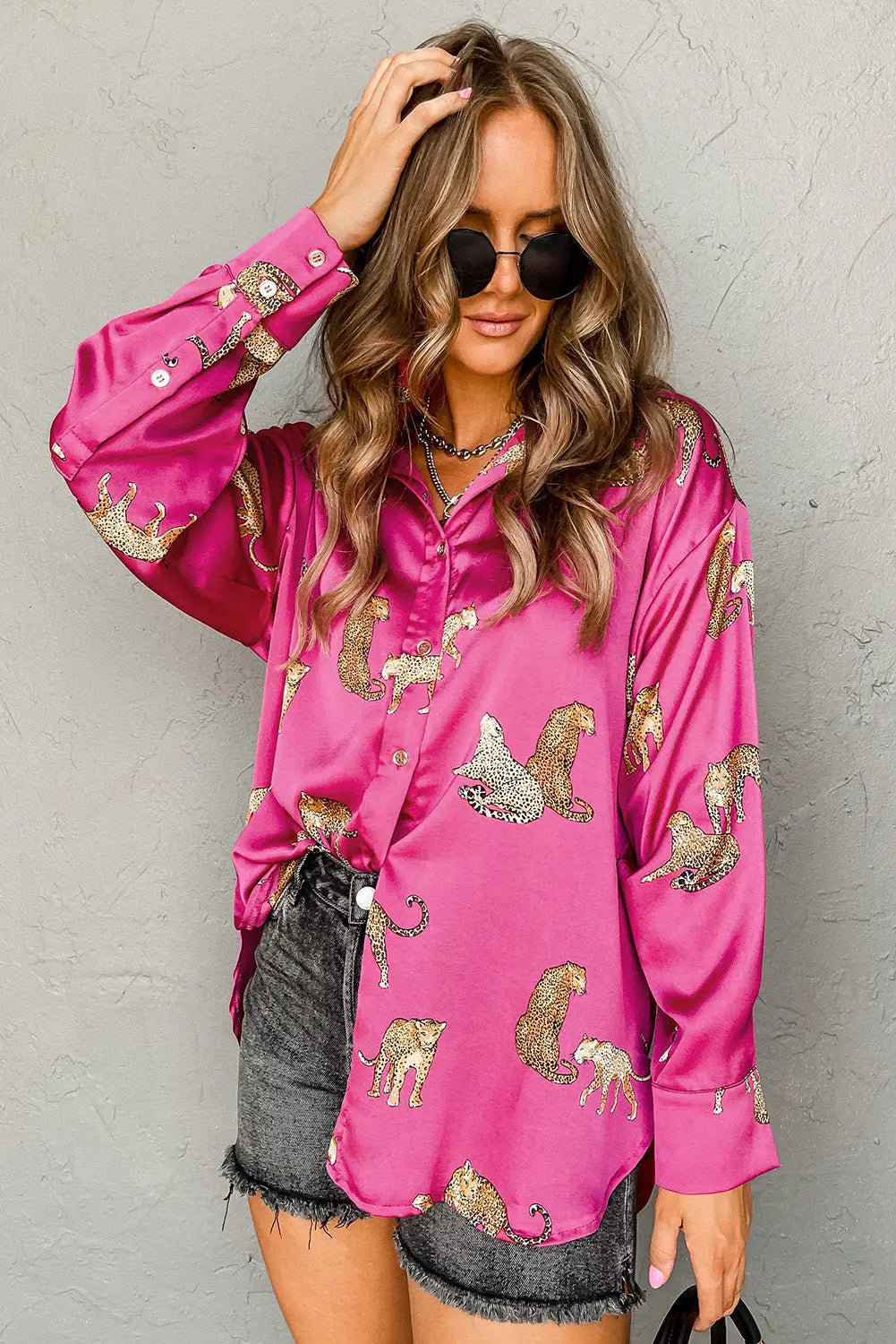 Rose cheetah animal print button up satin shirt - blouses & shirts