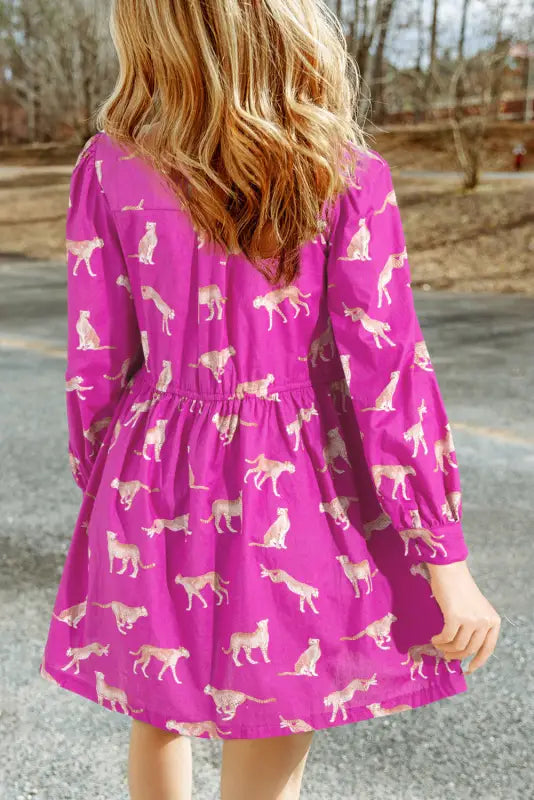 Rose cheetah print drawstring tunic shirt dress - dresses