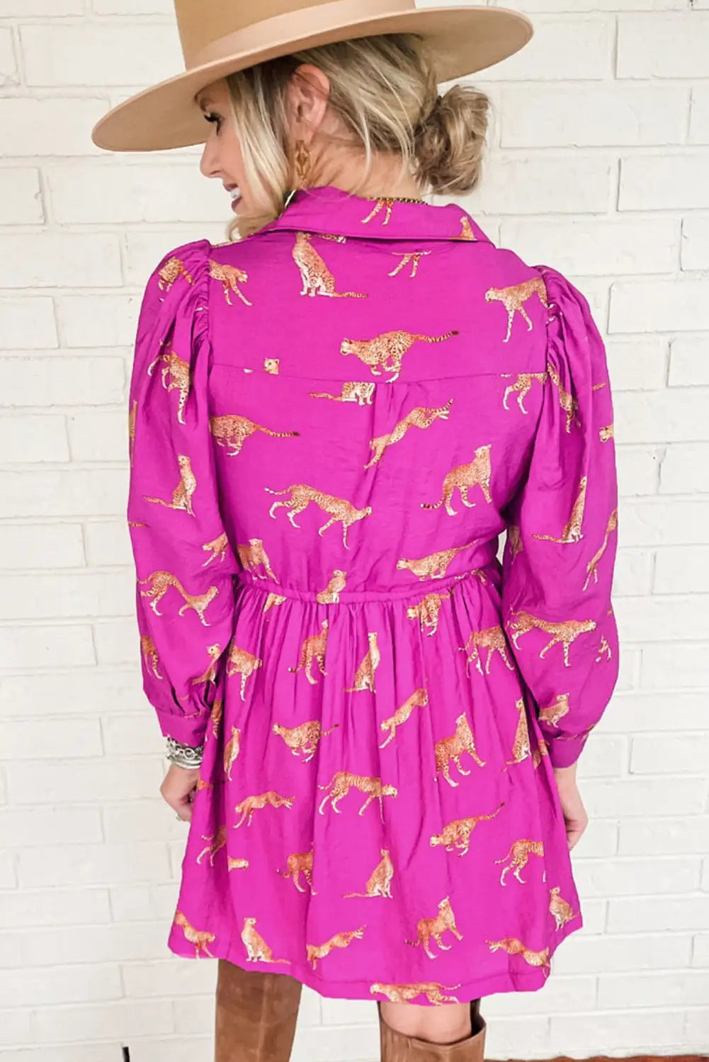 Rose cheetah print drawstring tunic shirt dress - mini dresses