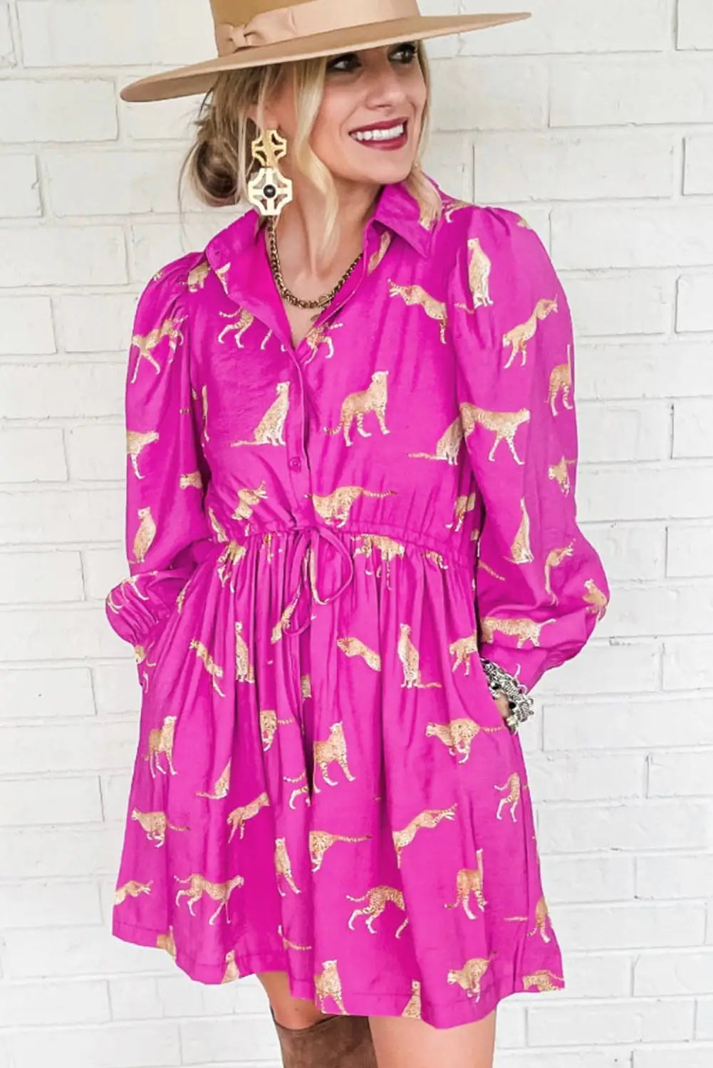 Rose cheetah print drawstring tunic shirt dress - mini dresses