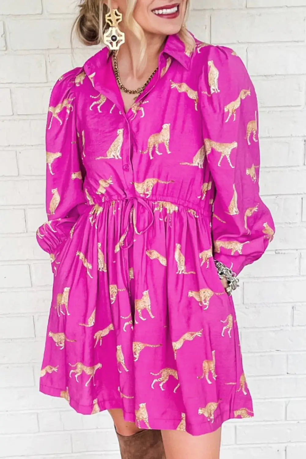 Rose cheetah print drawstring tunic shirt dress - s / 100% viscose - mini dresses