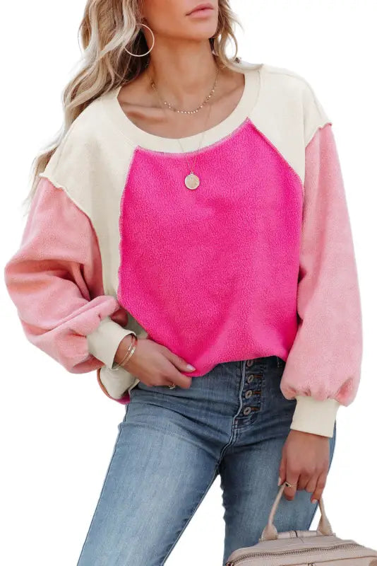 Rose colorblock long sleeve pullover fleece sweatshirt - sweatshirts & hoodies