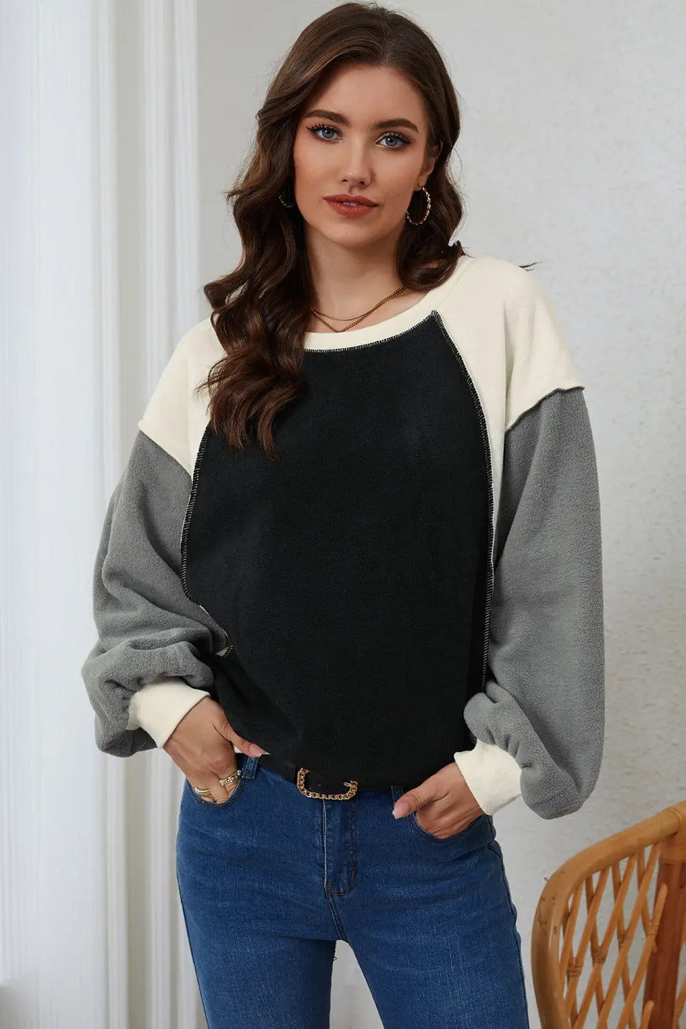 Rose colorblock long sleeve pullover fleece sweatshirt - sweatshirts & hoodies