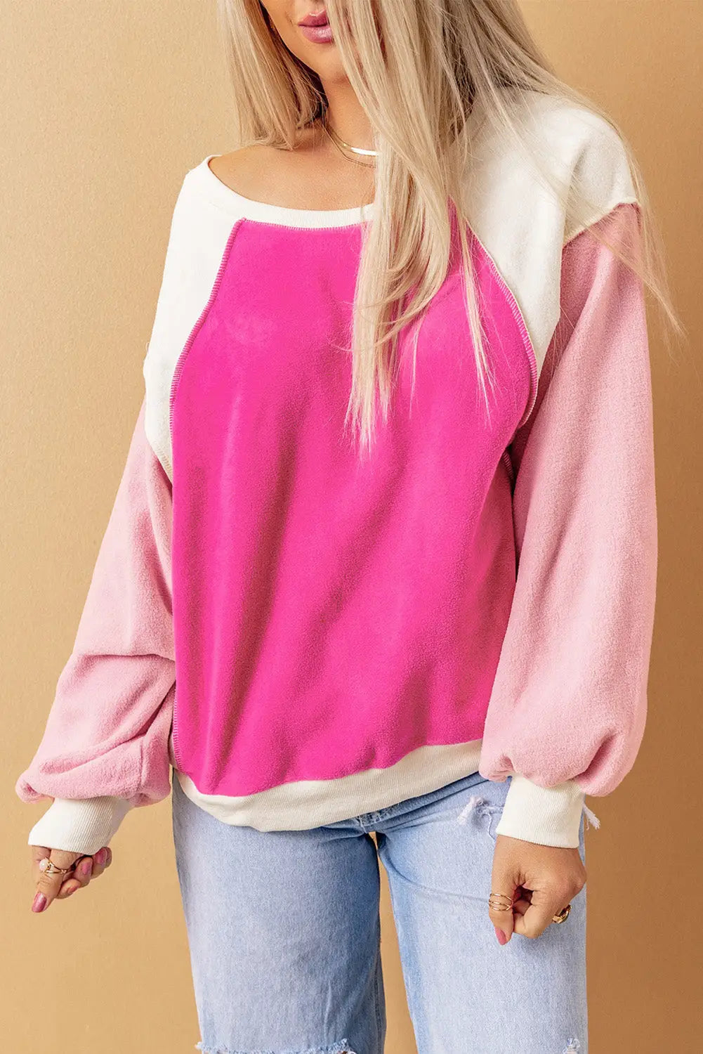 Rose colorblock long sleeve pullover fleece sweatshirt - sweatshirts & hoodies