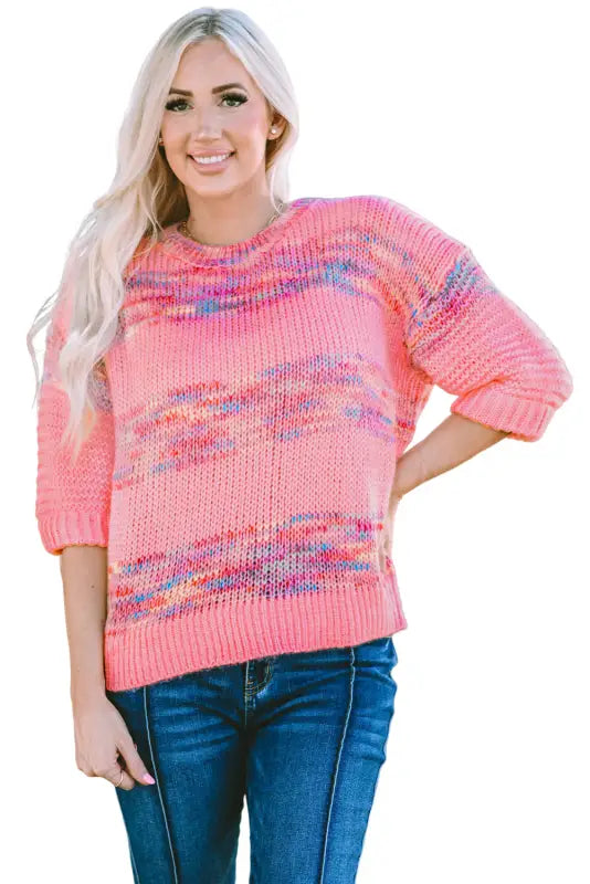 Rose colorful stripes 3/4 sleeve loose sweater - sweaters & cardigans