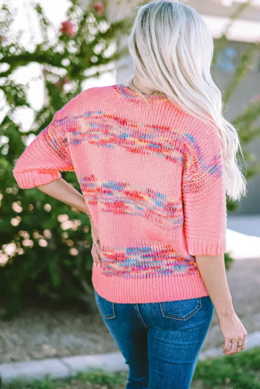 Rose colorful stripes 3/4 sleeve loose sweater - sweaters & cardigans