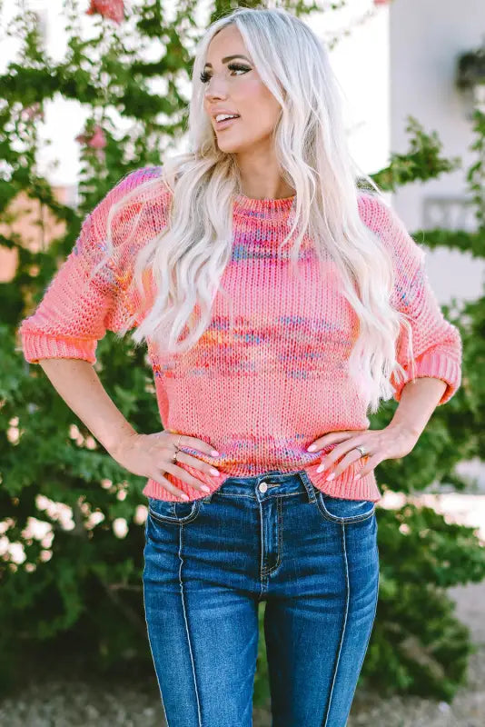 Rose colorful stripes 3/4 sleeve loose sweater - sweaters & cardigans