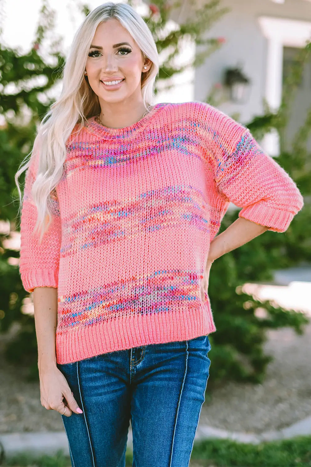 Rose colorful stripes 3/4 sleeve loose sweater - s / 100% acrylic - sweaters & cardigans