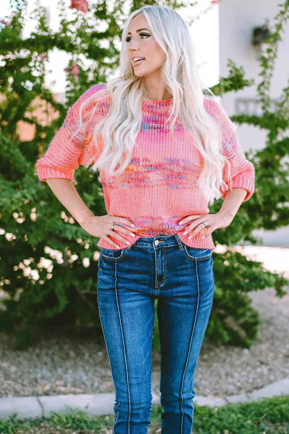 Rose colorful stripes 3/4 sleeve loose sweater - sweaters & cardigans