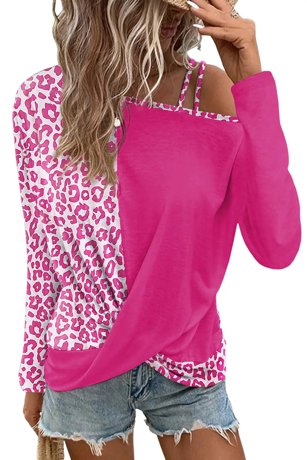 Rose contrast leopard asymmetric cold shoulder crossed hem top - long sleeve tops