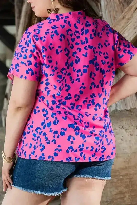 Rose Contrast Leopard Plus Size Blouse - Fashionfitz