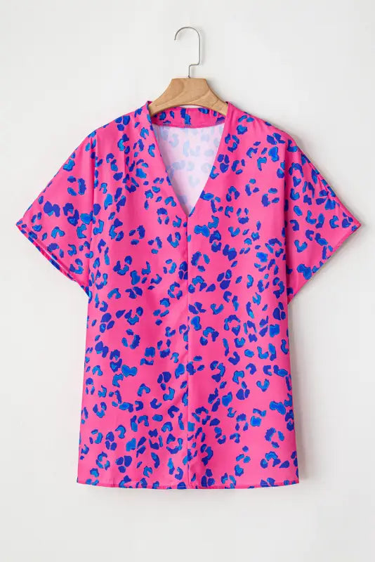 Rose contrast leopard plus size v neck blouse - 1x / 100% polyester - size/plus tops/plus blouses & shirts