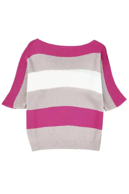 Rose Contrast Stripe Knit Half Sleeve Sweater - Fashionfitz