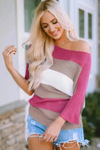 Rose Contrast Stripe Knit Half Sleeve Sweater - Fashionfitz