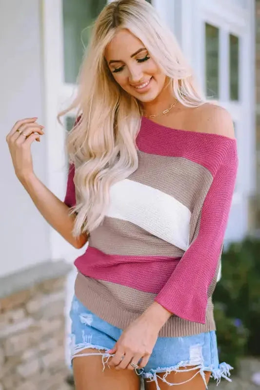 Rose Contrast Stripe Knit Half Sleeve Sweater - Fashionfitz
