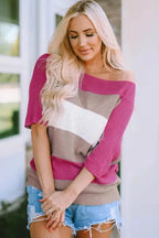 Rose Contrast Stripe Knit Half Sleeve Sweater - Fashionfitz