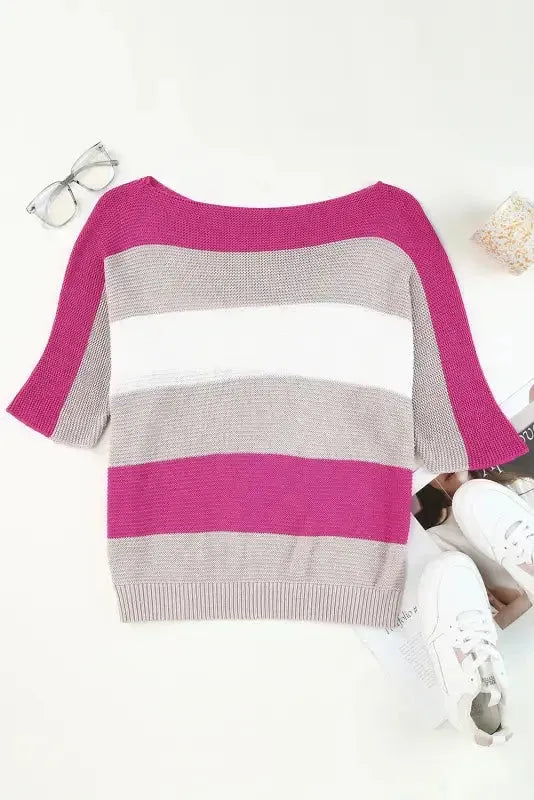 Rose Contrast Stripe Knit Half Sleeve Sweater - Fashionfitz