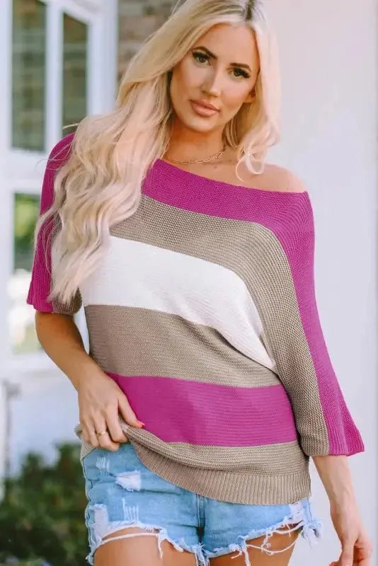 Rose Contrast Stripe Knit Half Sleeve Sweater - Fashionfitz