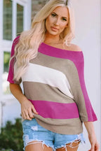 Rose Contrast Stripe Knit Half Sleeve Sweater - Fashionfitz