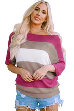 Rose Contrast Stripe Knit Half Sleeve Sweater - Fashionfitz