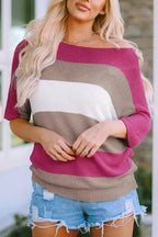 Rose Contrast Stripe Knit Half Sleeve Sweater - Fashionfitz