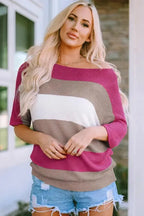 Rose Contrast Stripe Knit Half Sleeve Sweater - Fashionfitz