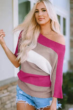 Rose Contrast Stripe Knit Half Sleeve Sweater - Fashionfitz