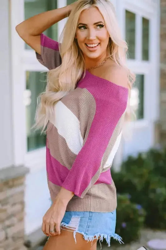 Rose Contrast Stripe Knit Half Sleeve Sweater - Fashionfitz