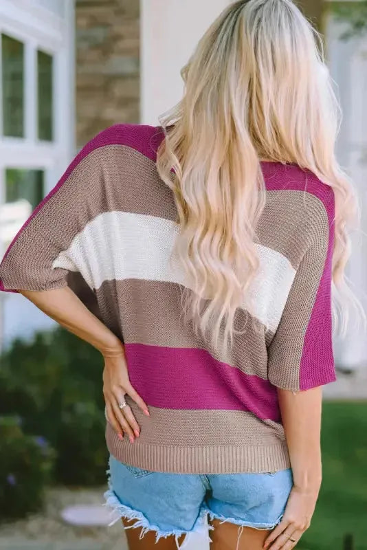 Rose Contrast Stripe Knit Half Sleeve Sweater - Fashionfitz